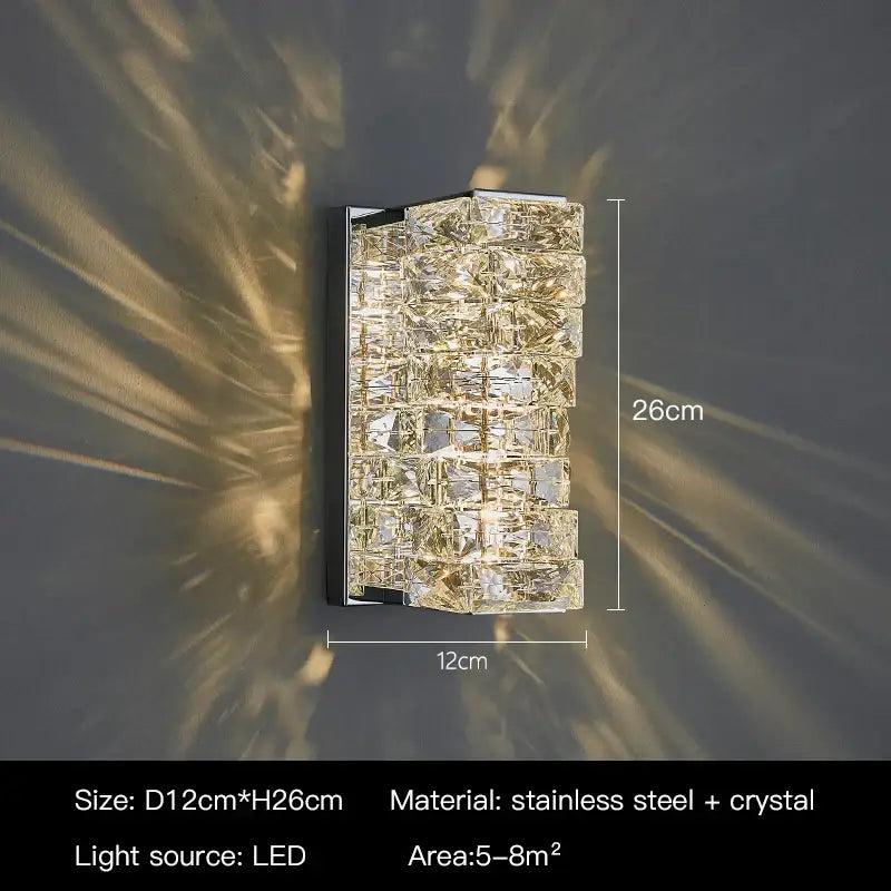 Modern rectangular crystal wall sconce with stacked crystal blocks and led light in sleek stainless steel frame decorbites wall sconce