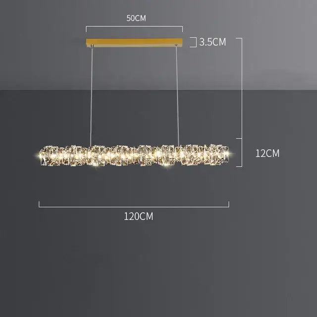 Modern pendant light with warm golden glow featuring an elegant crystal rectangular design by decorbites suspended from wood ceiling mount