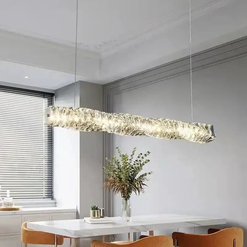 Modern rectangular elegant crystal pendant light with textured translucent glass and warm led illumination for dining room decorbites elegant crystal pendant