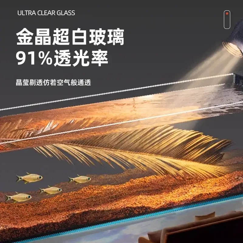 Modern rectangular glass betta fish tank with 91% transmittance displays vivid golden fish and decorbites betta fish decor