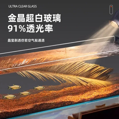 Modern rectangular glass betta fish tank with 91% transmittance displays vivid golden fish and decorbites betta fish decor