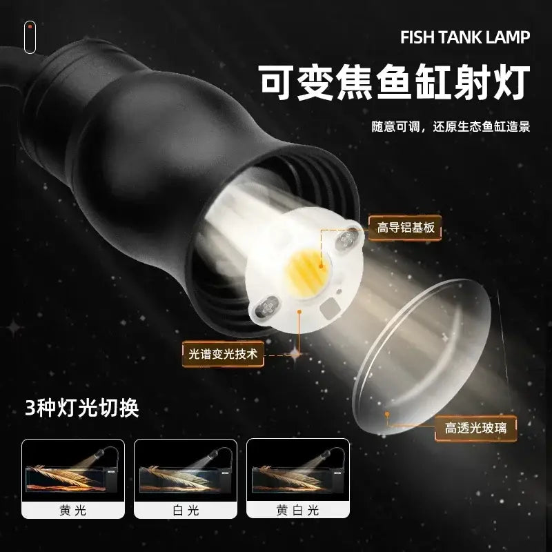 Black adjustable-focus spotlight with white led and three lighting modes for modern rectangular glass betta fish tank decorbites betta fish