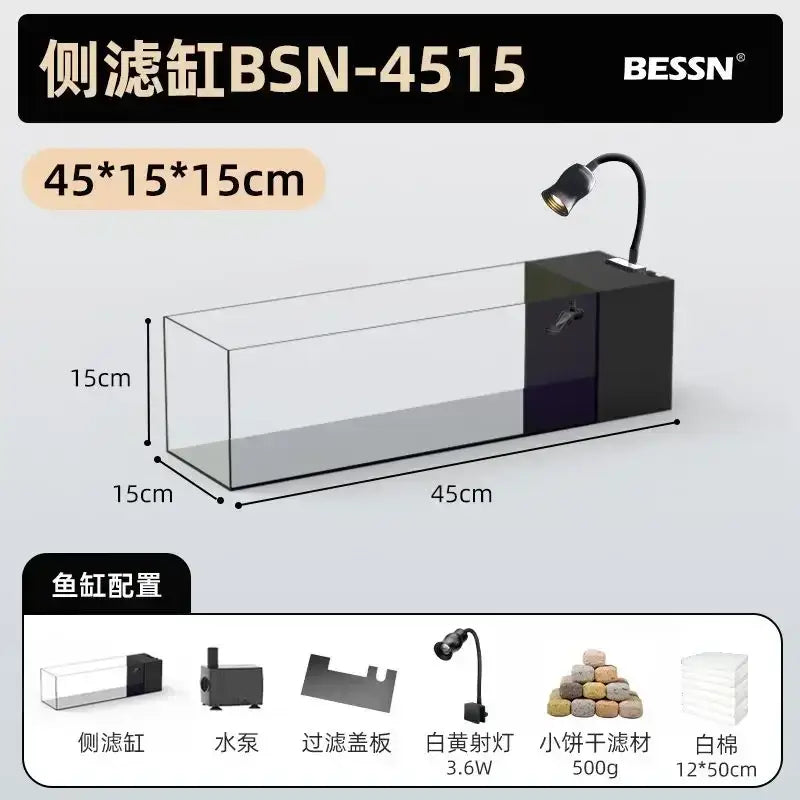 Modern rectangular glass betta fish tank with black bessn bsn-4515 side-filter and 3.6w white-yellow spotlight for decorbites betta fish