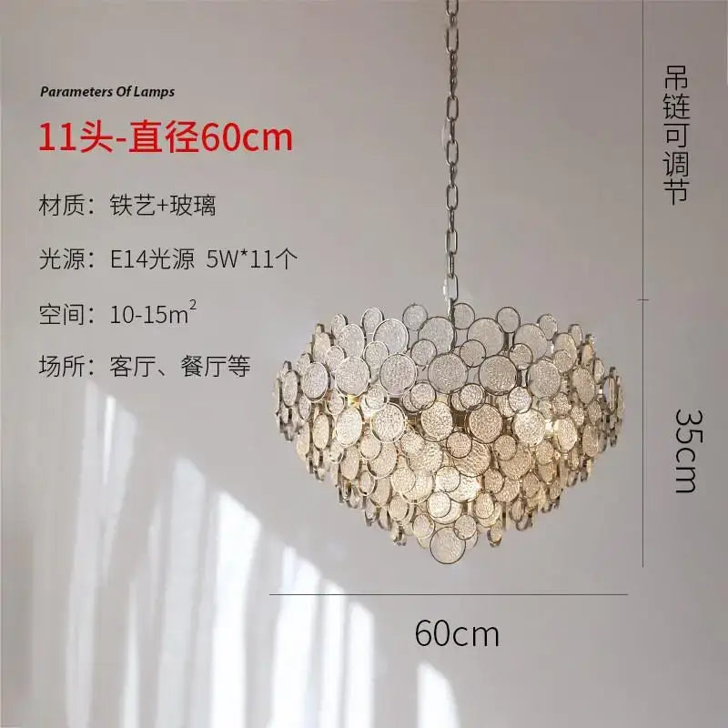 Modern rectangular glass led chandelier with 11 glass discs in a metallic frame for living room pendant lighting
