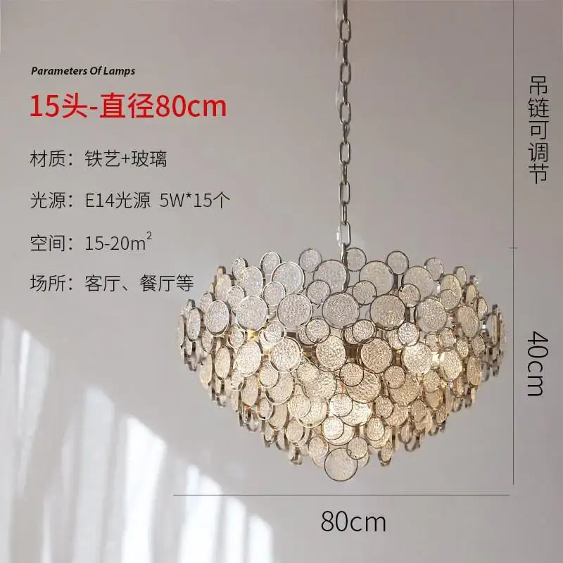 Modern rectangular glass led chandelier with 15 heads, circular glass discs, iron frame, ideal for living room lighting