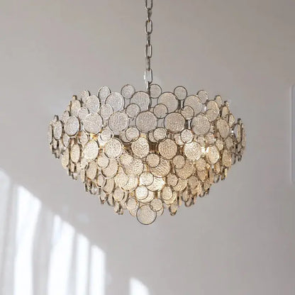Modern rectangular glass led chandelier with cascading clear and frosted textured glass discs for living room pendant light