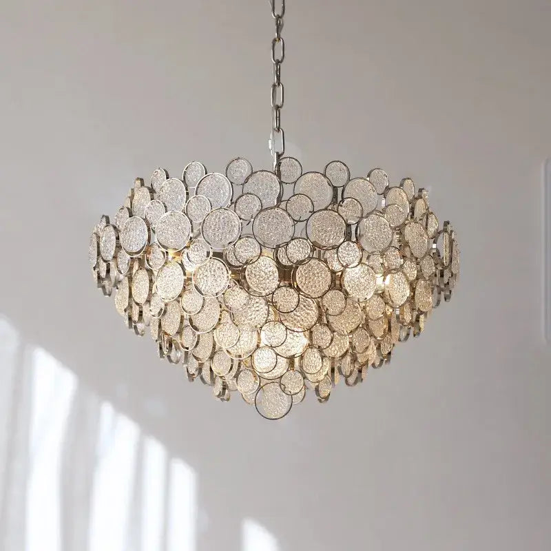 Modern rectangular glass led chandelier with cascading clear and frosted textured glass discs for living room pendant light