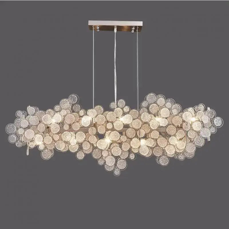 Modern rectangular glass led chandelier with clear and frosted textured glass discs for living room pendant light