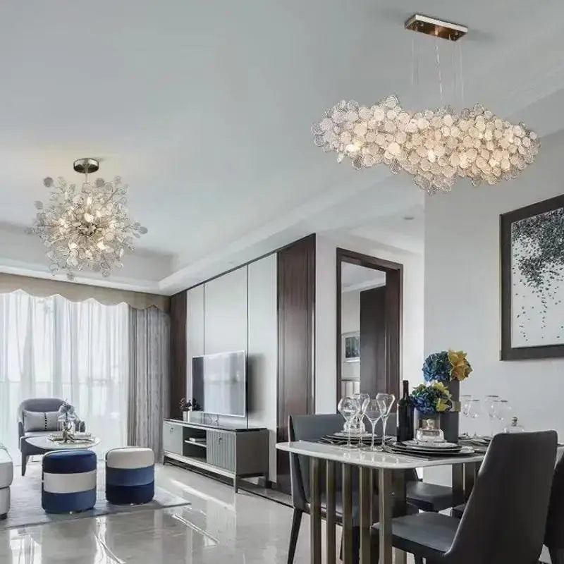 Modern rectangular glass led chandelier with cloud-shaped translucent glass discs suspended from metallic frame for living room