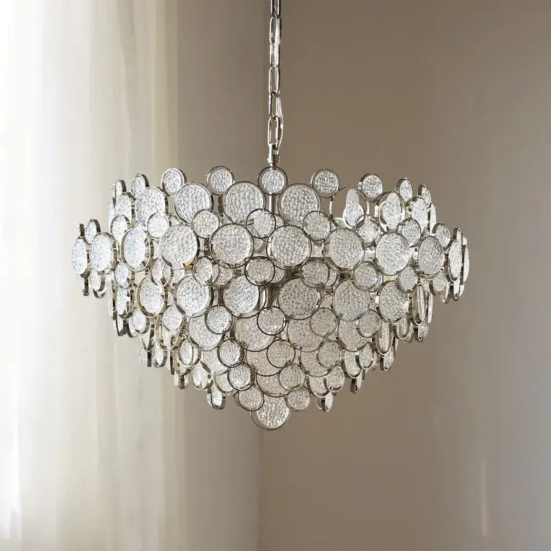 Silver-toned modern rectangular glass led chandelier with clear textured glass discs for living room pendant light