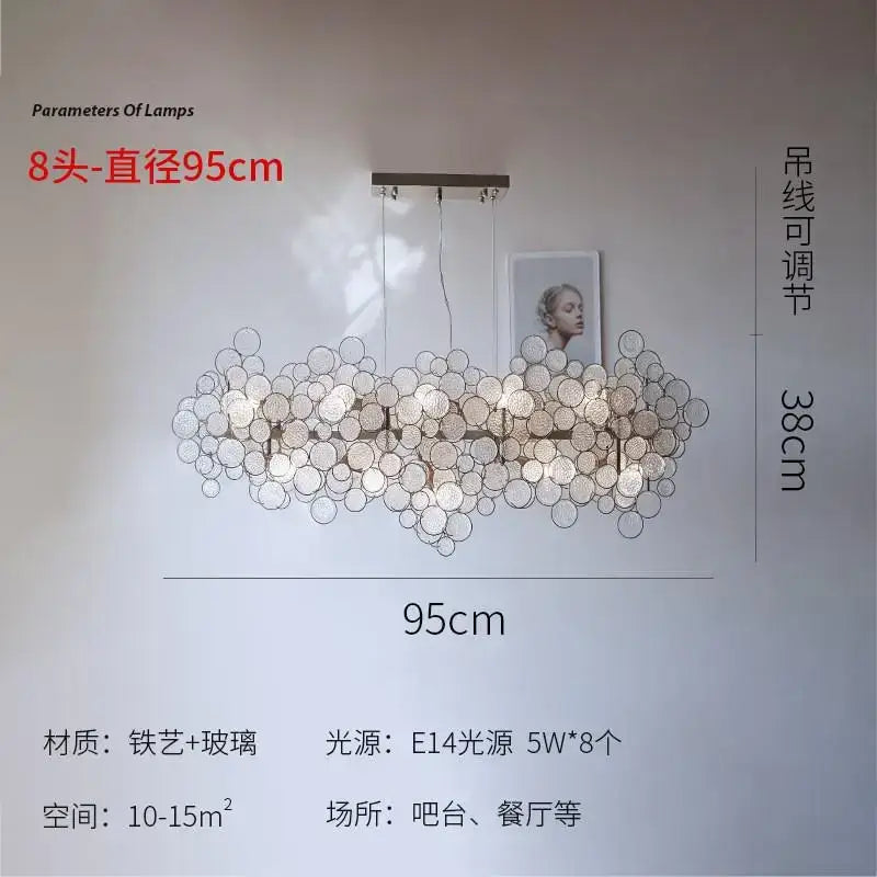 Modern rectangular glass led chandelier with eight frosted glass orbs suspended from a dark metal frame for living room