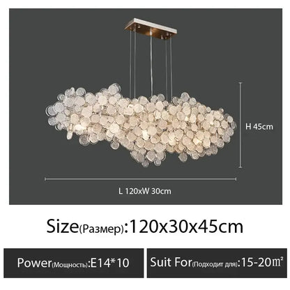A modern rectangular glass led chandelier with clear and frosted discs hanging from a sleek metallic mount