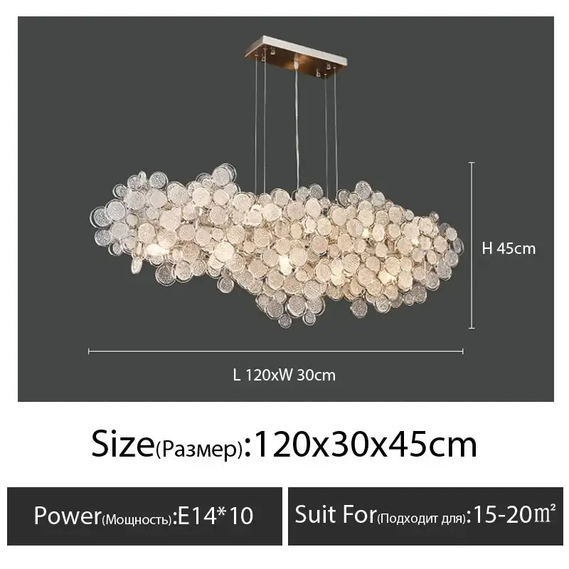 A modern rectangular glass led chandelier with clear and frosted discs hanging from a sleek metallic mount