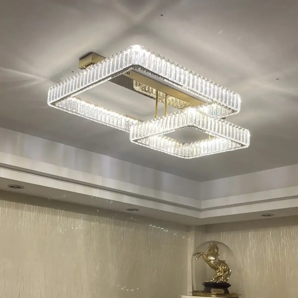 Modern rectangular gold crystal dimmable ceiling light with layered faceted glass for living room decorbites ceiling light