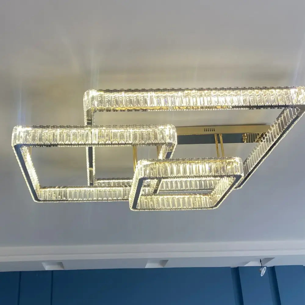 Modern rectangular gold crystal dimmable ceiling light with clear rods and geometric frames for living room decorbites ceiling light