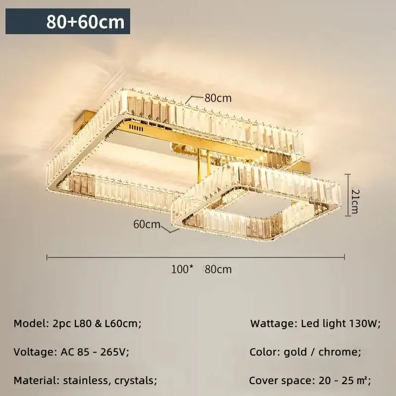 Modern rectangular gold crystal dimmable ceiling light with chrome layered frame for living room decorbites ceiling light