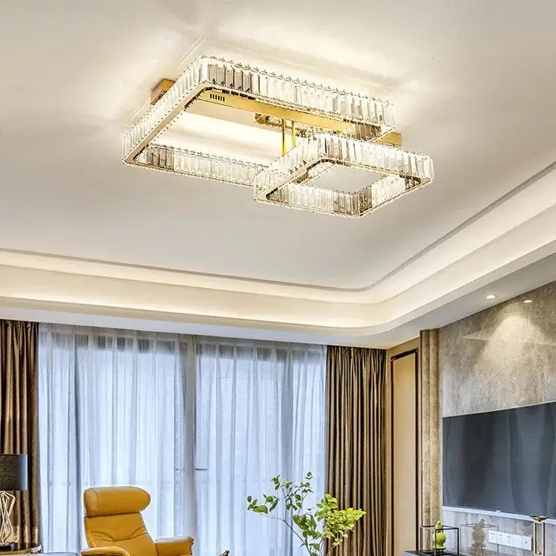 Modern rectangular gold crystal dimmable ceiling light with clear crystal accents for living room decorbites ceiling light