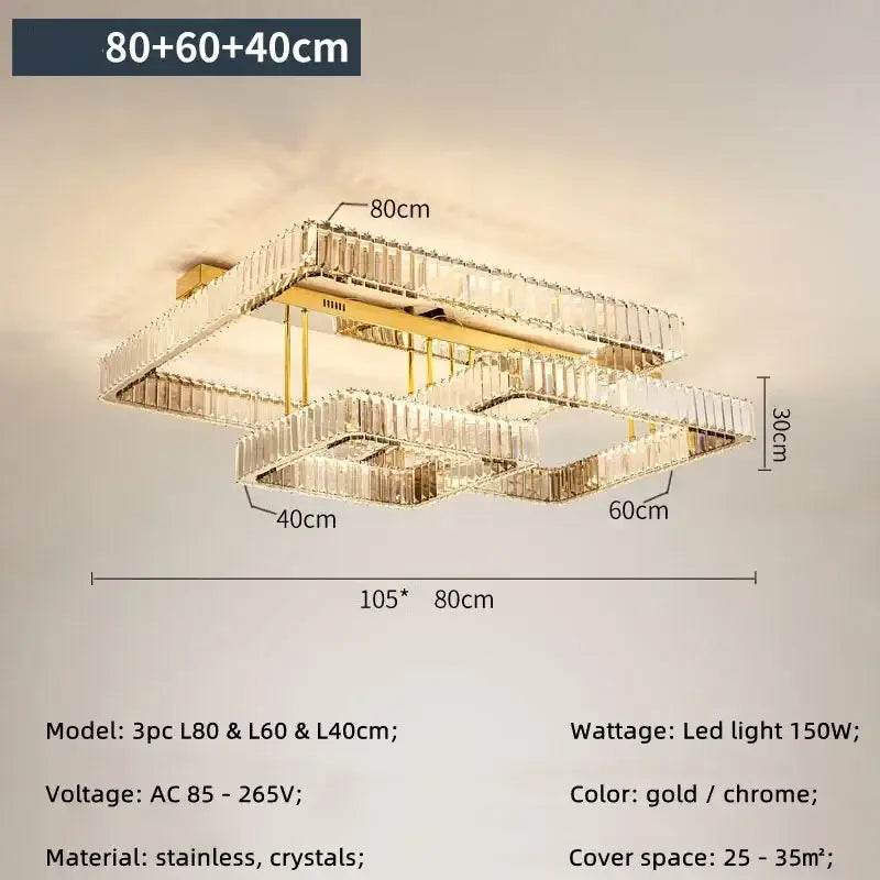 Modern rectangular gold crystal dimmable ceiling light with layered chrome and crystal accents for living room decorbites ceiling light