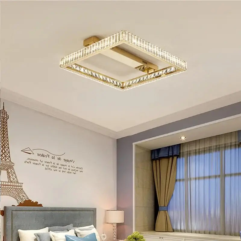 Modern rectangular gold crystal led ceiling lighting fixture with gold-toned frame and clear faceted crystal accents