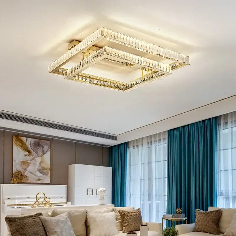 Modern rectangular gold crystal led ceiling lighting fixture with crystal accents for bedroom decorbites crystal led