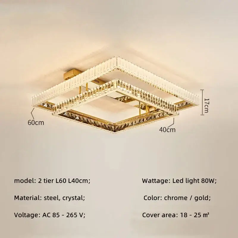 Modern rectangular gold crystal led ceiling lighting fixture with two-tier square design and chrome crystal led ceiling accents