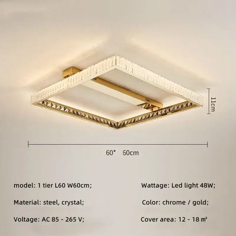 Modern rectangular gold crystal led ceiling lighting fixture with chrome and crystal accents for bedroom decorbites crystal led
