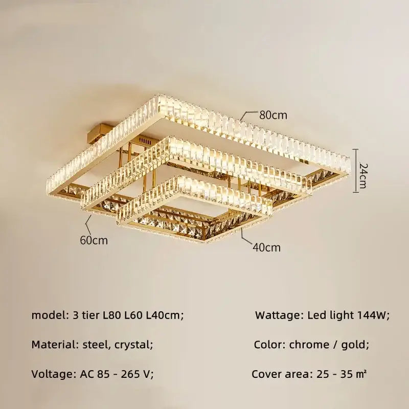 Modern rectangular gold-toned three-tier decorbites crystal led ceiling lighting fixture with geometric design for bedroom decor