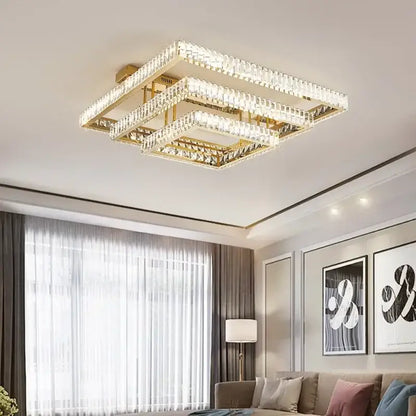 Modern rectangular gold crystal led ceiling lighting fixture with layered crystal accents for bedroom decorbites crystal led