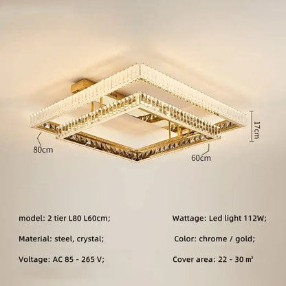 Modern rectangular gold crystal led ceiling lighting fixture with two-tier chrome and crystal led ceiling accents