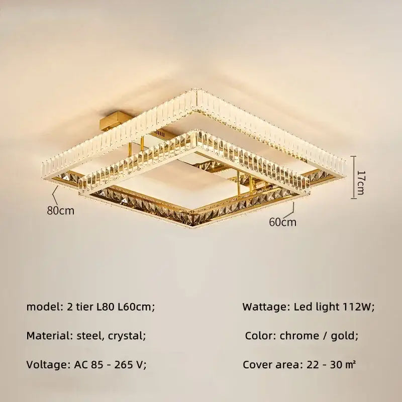 Modern rectangular gold crystal led ceiling lighting fixture with two-tier chrome and crystal led ceiling accents