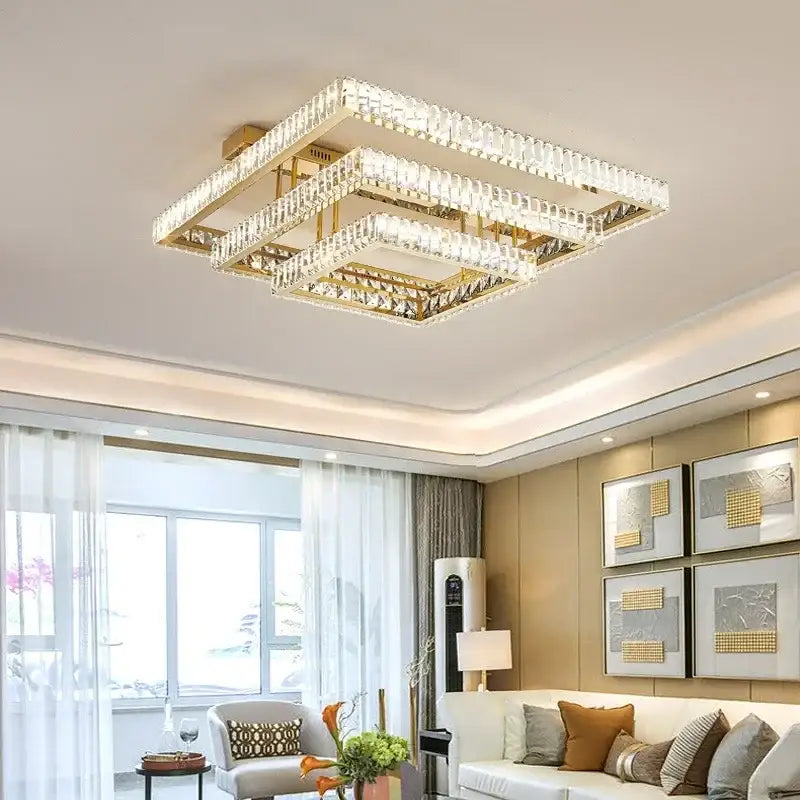 Modern rectangular gold crystal led ceiling lighting fixture with metal frame and faceted crystal accents for bedroom decorbites crystal led