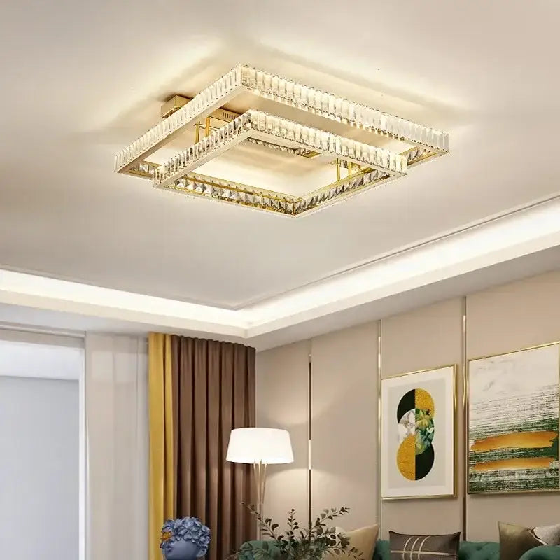 Modern rectangular gold crystal led ceiling lighting fixture with a double-layered square crystal chandelier by decorbites crystal led