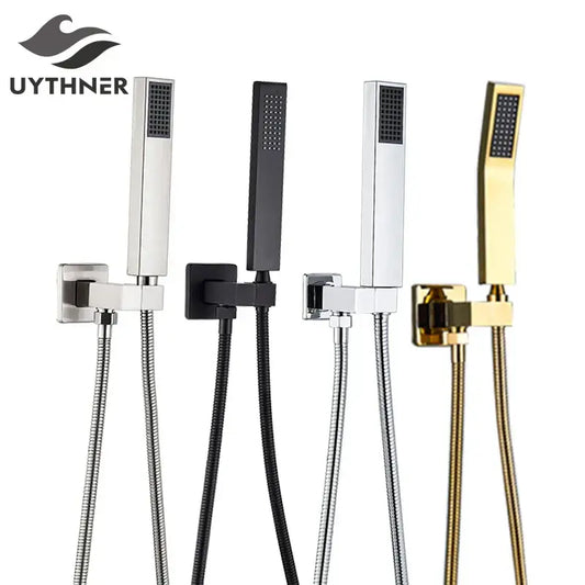 Four modern rectangular handshower heads in brushed stainless steel, matte black, and polished gold with stainless steel hose decorbites handshower head