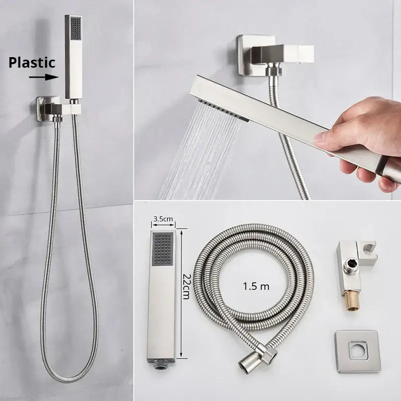 Modern rectangular handshower head with brushed stainless steel hose and sleek minimalist design for bathroom decorbites handshower head