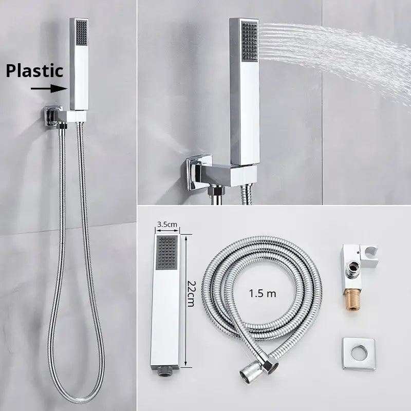 Modern rectangular chrome handshower head with integrated spray pattern and stainless steel hose by decorbites