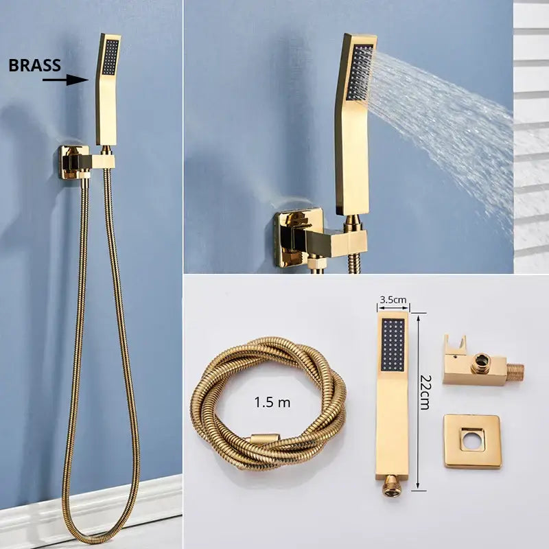 Modern rectangular handshower head with gold-finished brass and stainless steel hose by decorbites featuring adjustable handheld unit