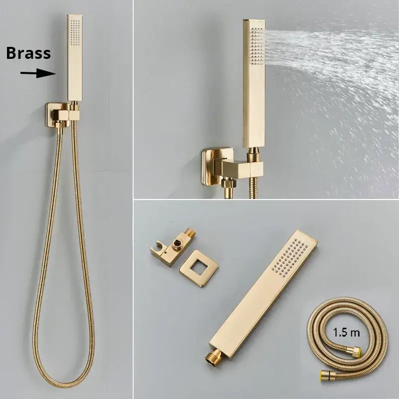 Gold-finished brass handshower head with sleek rectangular design and textured spray pattern and stainless steel hose