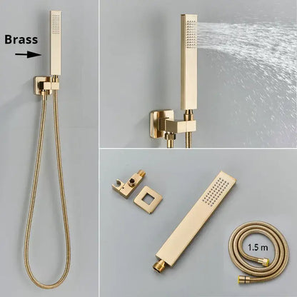 Gold-finished brass handshower head with sleek rectangular design and textured spray pattern and stainless steel hose