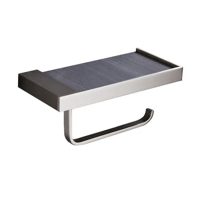 Modern rectangular metal toilet paper holder with brushed stainless steel finish and dark gray wood-grain shelf for bathroom