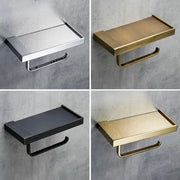 Modern rectangular metal toilet paper holder with tray and curved support in brushed silver, antique brass, matte black, or gold