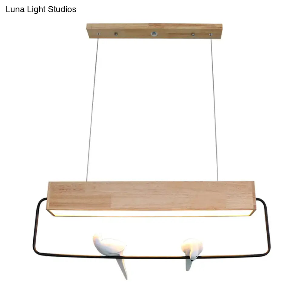 DecorBites™ modern rectangular wood pendant light with warm led illumination and white ceramic birds for dining room ceiling
