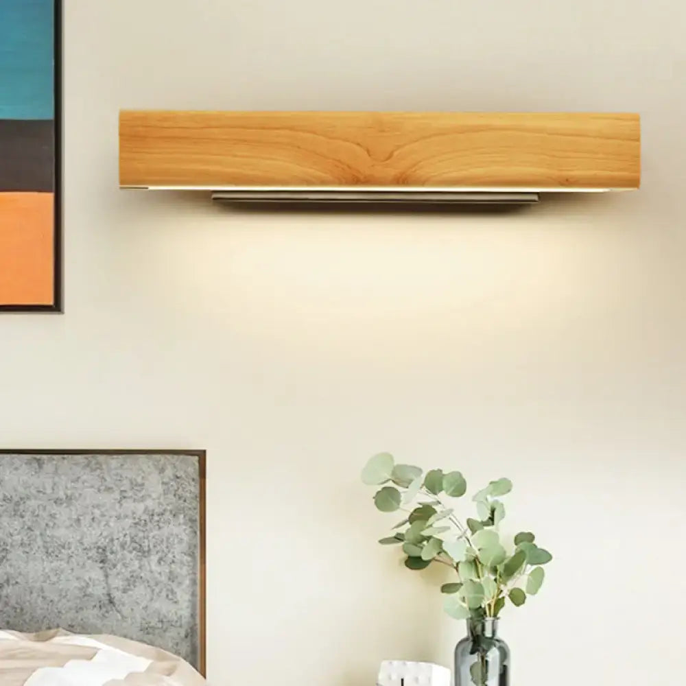 Modern rectangular wood led sconce bathroom vanity light fixture with natural wood finish and slim metallic base, fixture height included