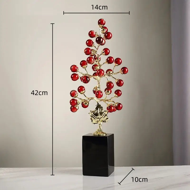 Modern red and gold grape vine metal sculpture with decorative berries and glossy black base for living room decorbites grape vine