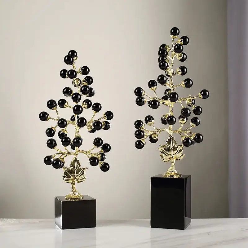 Elegant black and gold resin grape vine metal sculptures with glossy beads on black bases for decorbites grape vine decor