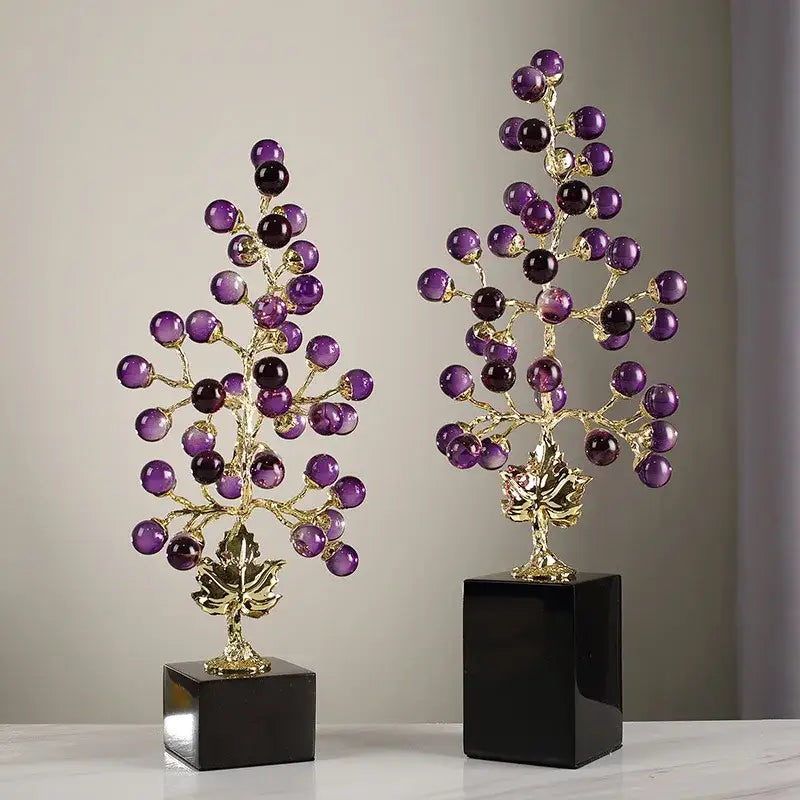 Elegant purple amethyst grape vine metal sculpture with gold-toned branches on black bases for modern decorbites grape vine decor