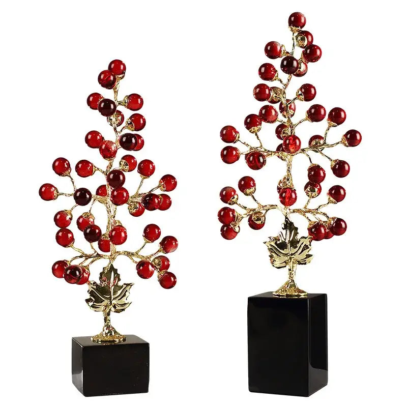 Modern red and gold grape vine metal sculpture with glossy red glass berries on black bases for living room decorbites decor