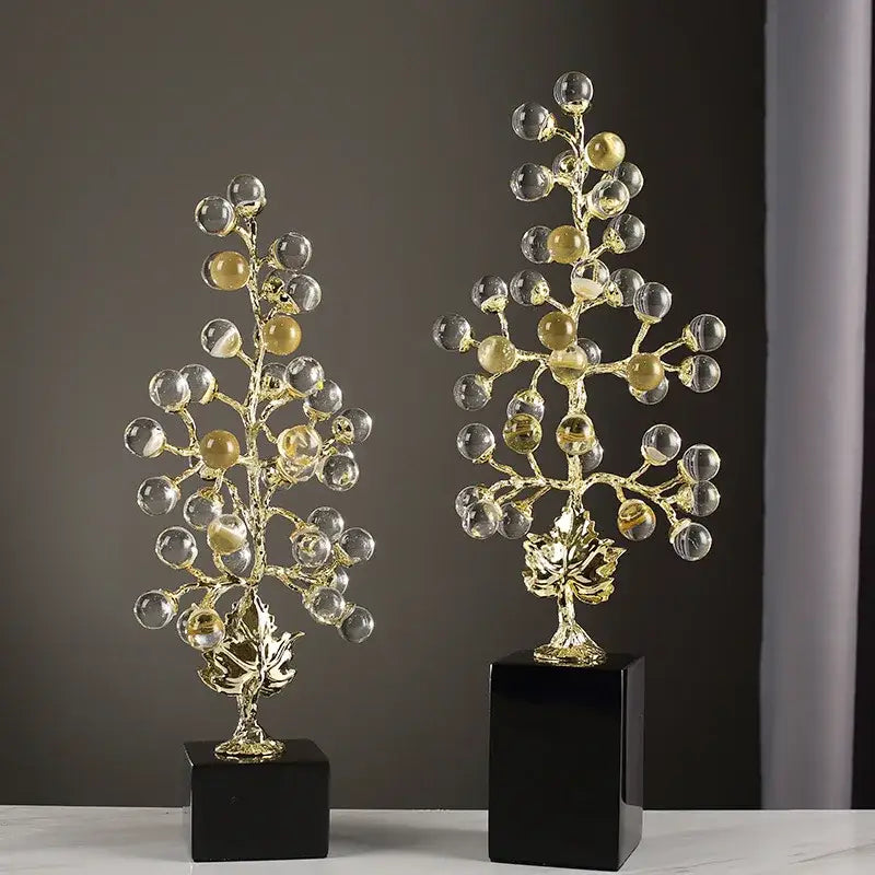 Modern red and gold grape vine metal sculpture with golden tree design and amber glass orbs for living room decorbites decor