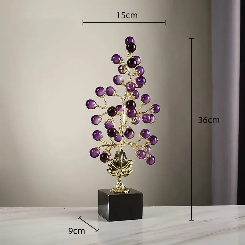 Modern red and gold grape vine metal sculpture with a purple gemstone tree on gold frame for decorbites grape vine decor