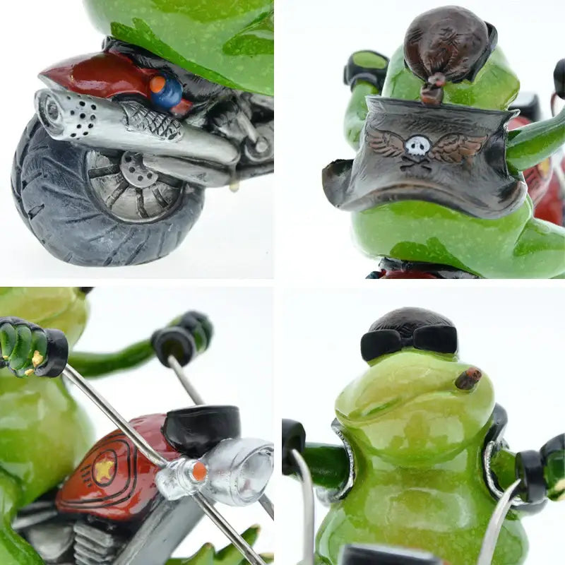 Modern red and green decorbites cool frog resin desk ornament of green frog in black leather vest riding a detailed motorcycle
