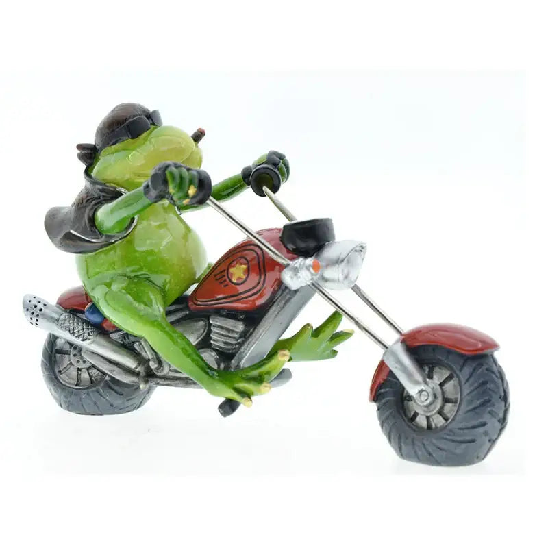 Modern red and green decorbites cool frog resin motorcycle desk ornament featuring a cool frog in leather jacket and sunglasses
